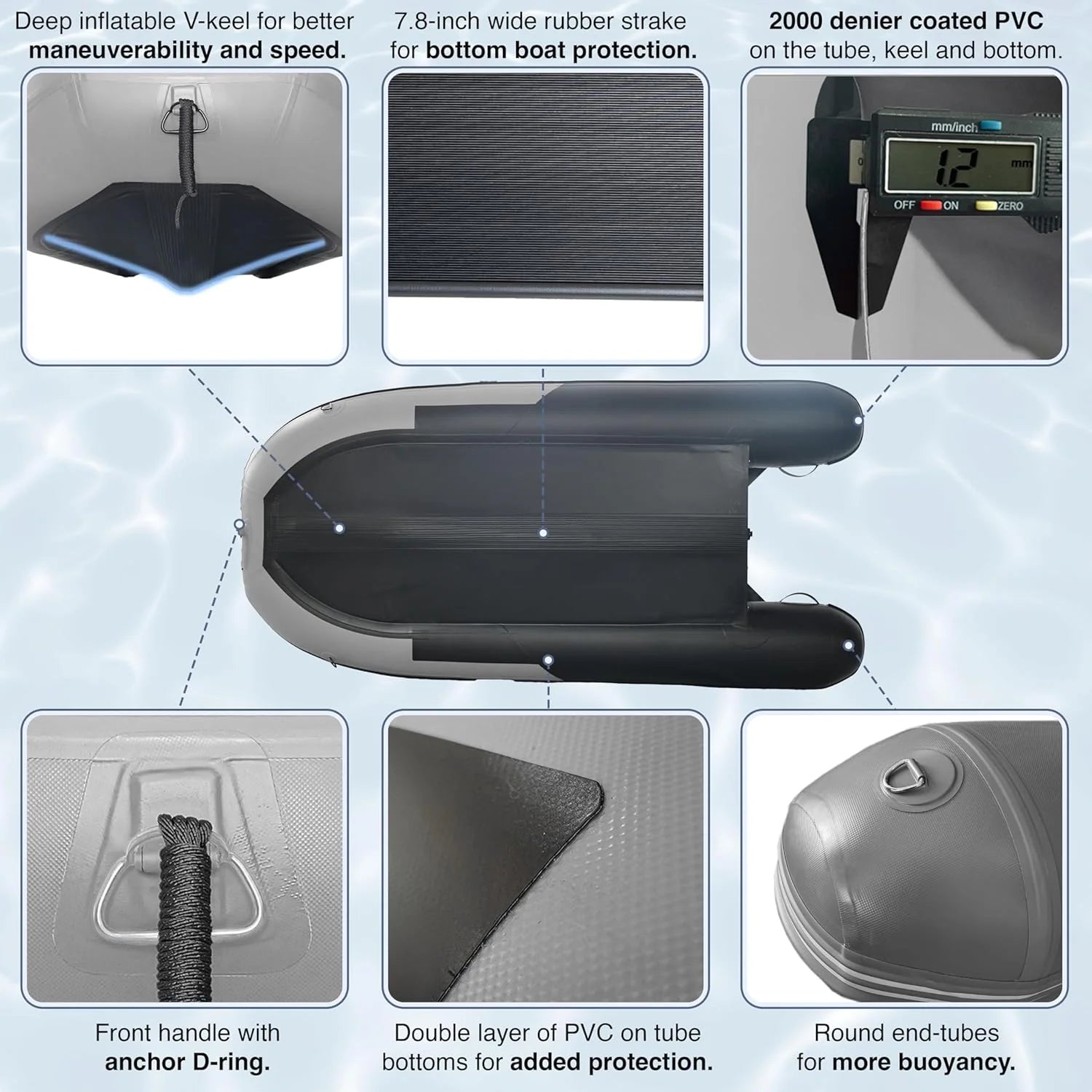 Inflatable Boat | Yacht Dinghy Tender Raft | Multi Person Fishing Boat | Aluminum Floor Oars | Fishing Rod Holders | Heavy-Duty PVC | 2024 Model |