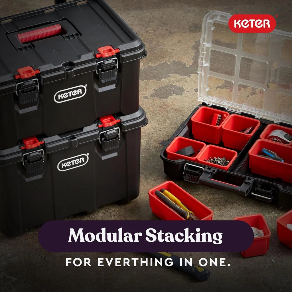 Modular Tools Organizer for Garage Storage and DIY, 3 Piece Resin Rolling Tool Box System for Small Parts