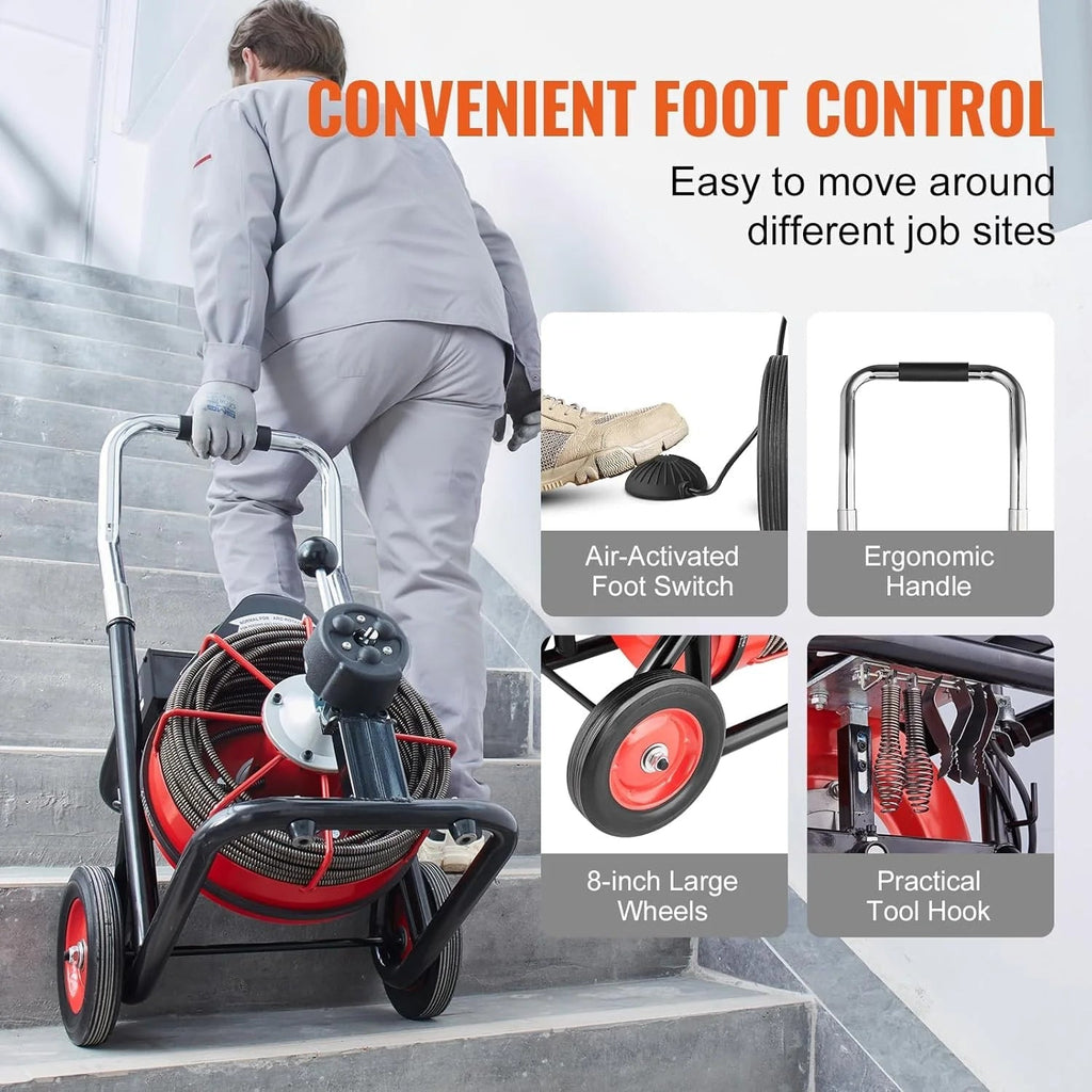 Drain Cleaner Machine 100FT x 1/2 Inch, Auto Feed Sewer Snake Auger on Wheels, 550W Portable Drain Cleaning Machine with 8 Cutters & Air-activated Foot Switch for 2" to 4" Pipes