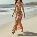 Women's Beige Tropical Print Maxi Dress with Spaghetti Straps