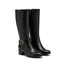 Women's Black Knee High Block Heel Buckle Boots
