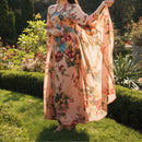 Women's Blush Chiffon Maxi Dress with Floral Pattern and Long Sleeves