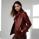 Women's Burgundy Stand Collar Zip Front Jacket
