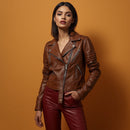 Women's Chestnut Belted Leather Look Moto Style Jacket