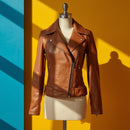 Women's Cognac Tailored Fit Biker Style Brown Jacket