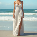 Women's White V-Neck Maxi Dress with Sleeveless Design and Side Slit