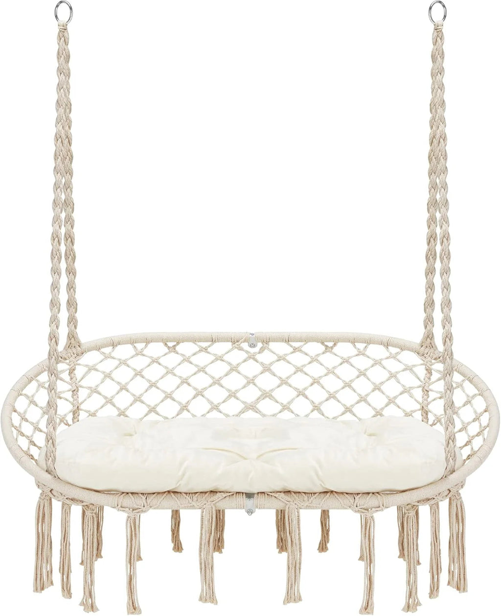 Hammock Chair Macrame Hanging Swing with Cushion,Hanging Cotton Ropes, Metal Frame, 450 lbs Capacity Indoor Outdoor, Patio, Balcony, Living,Deck, Yard, Garden(Double Swing) Beige