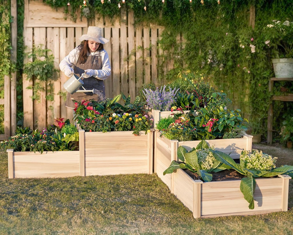 Garden Bed Outdoor Gardening, 28 Inch Depth 3-Tier Wood Planter Box with Cedar Leg, Baseboard, Leakage Hole,Easy Assembled, Ideal for Vegetables, Herbs, Flowers