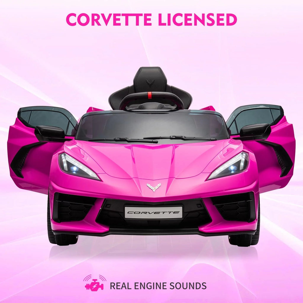 12V Kids Ride on Car Licensed Corvette Battery Powered Car Toddles Electric Sports Car Toy with Remote Control, Visual Dashboard, LED Lights, Music, Gifts for Boys Girls, Rose Red