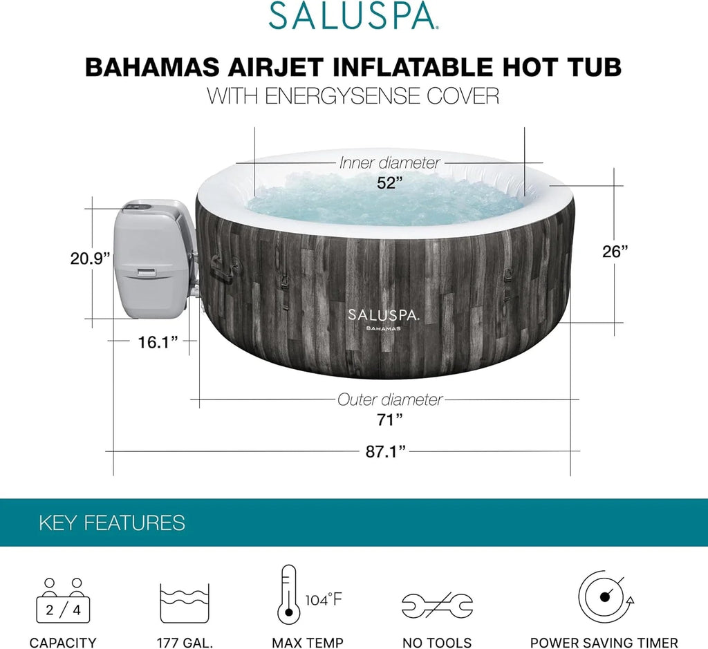 Large Round 2 to 4 Person Inflatable Hot Tub Portable Outdoor Spa with 120 AirJets and EnergySense Cover, Grey